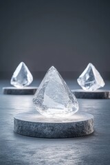 Fototapeta premium Crystal sculptures on circular pedestals in modern minimalist setting