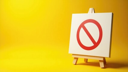 A canvas displaying a no entry sign on an easel against a yellow background with space for text. Censorship. Restricted area or incorrect direction. Ban and sanctions.