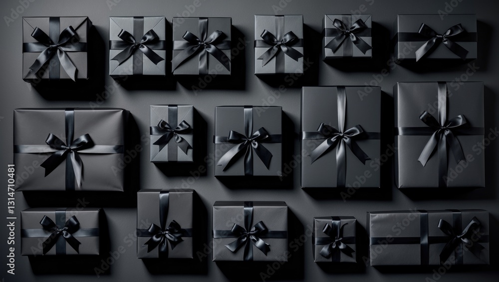 Aufkleber arranged gift boxes wrapped in paper with ribbon on a backdrop. concept