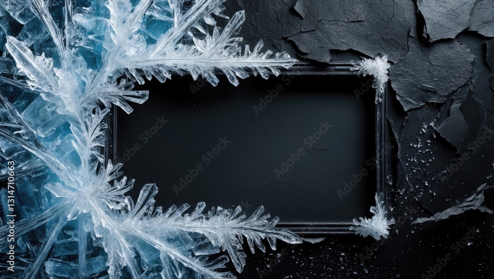 Poster a border of frosty ice crystals on a black background. a border with an abstract ice design enables 