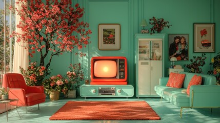 Retro tv living room vintage style colorful environment cozy view