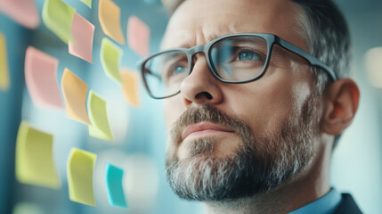 Thoughtful businessman wearing glasses examining colorful sticky notes on glass wall during collaborative brainstorming meeting
