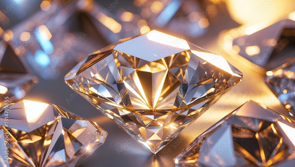 Poster close-up view of multiple sparkling diamonds with intricate cuts reflecting light, creating a luxuri
