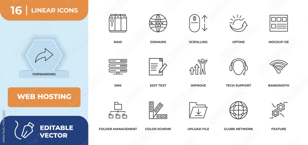 Poster outline icons set - web hosting concept. forwarding, raid and more.