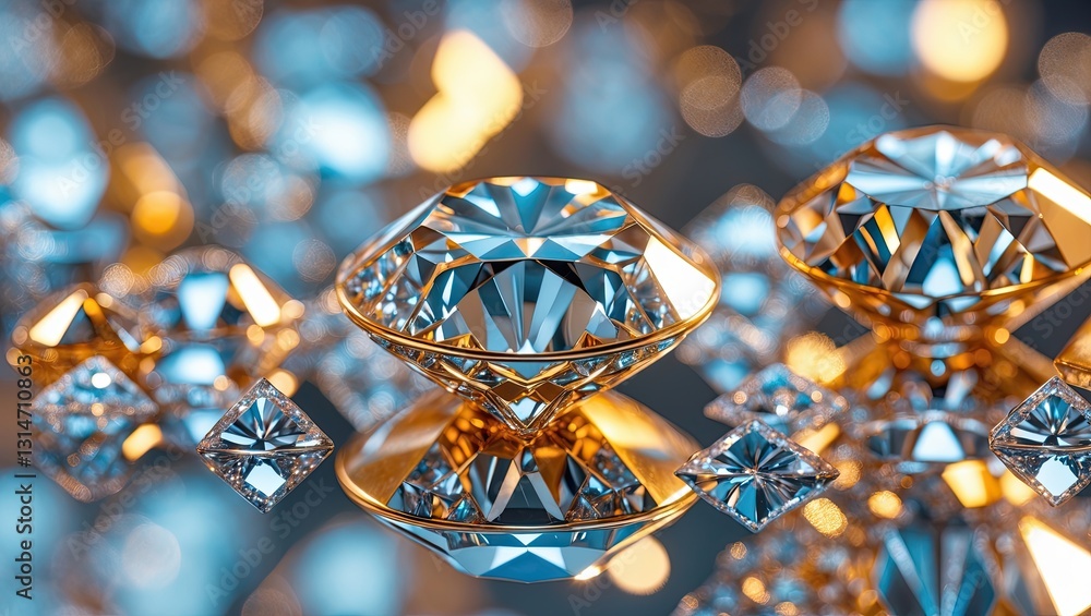 Poster close-up of shimmering diamonds reflecting light in varied shapes and sizes on a soft-focus backgrou