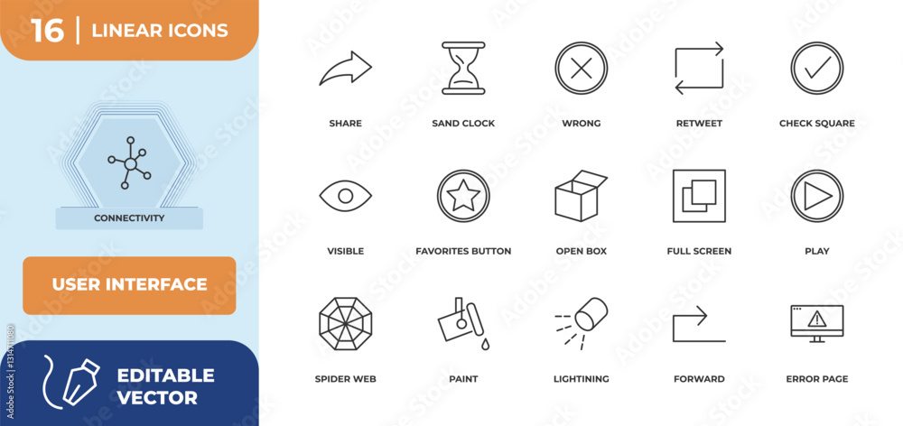 Poster outline icons set - user interface concept. connectivity, share and more.