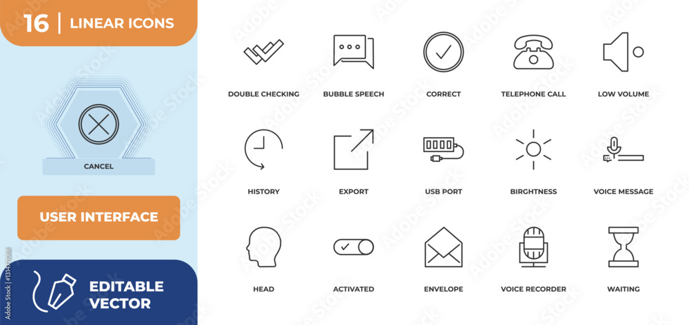 Poster outline icons set - user interface concept. cancel, double checking and more.
