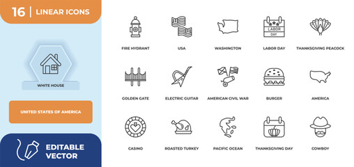 outline icons set - united states of america concept. white house, fire hydrant and more.