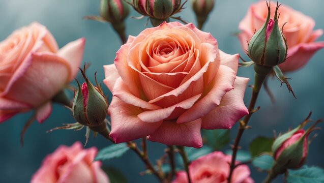 Rose flowerhead in apricot pink hue, photographed in close-up macro. - Powered by Adobe
