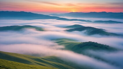 Obraz premium Stunning flowing morning fog in spring mountains blurred due to long exposure. Gorgeous sunrise in the background.