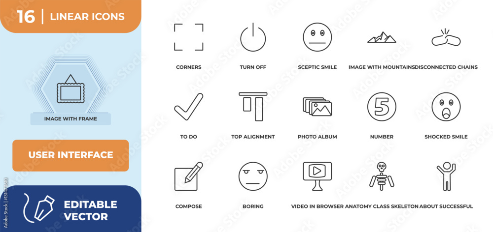 Poster outline icons set - user interface concept. image with frame, corners and more.