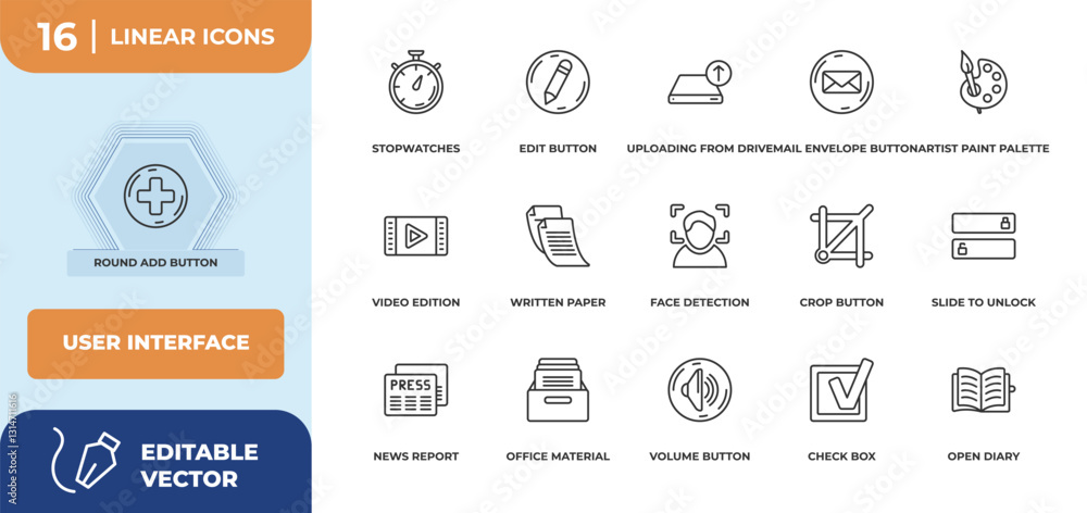 Poster outline icons set - user interface concept. round add button, stopwatches and more.