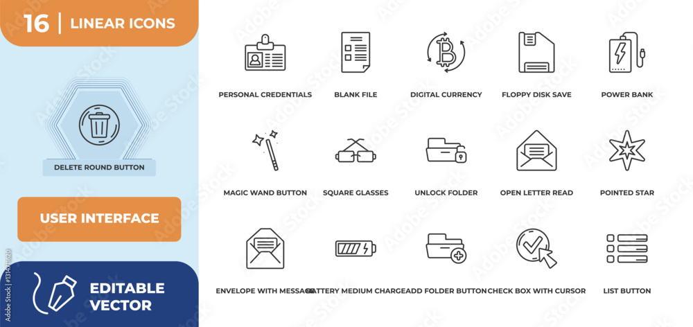Poster outline icons set - user interface concept. delete round button, personal credentials and more.