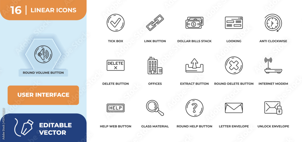 Poster outline icons set - user interface concept. round volume button, tick box and more.
