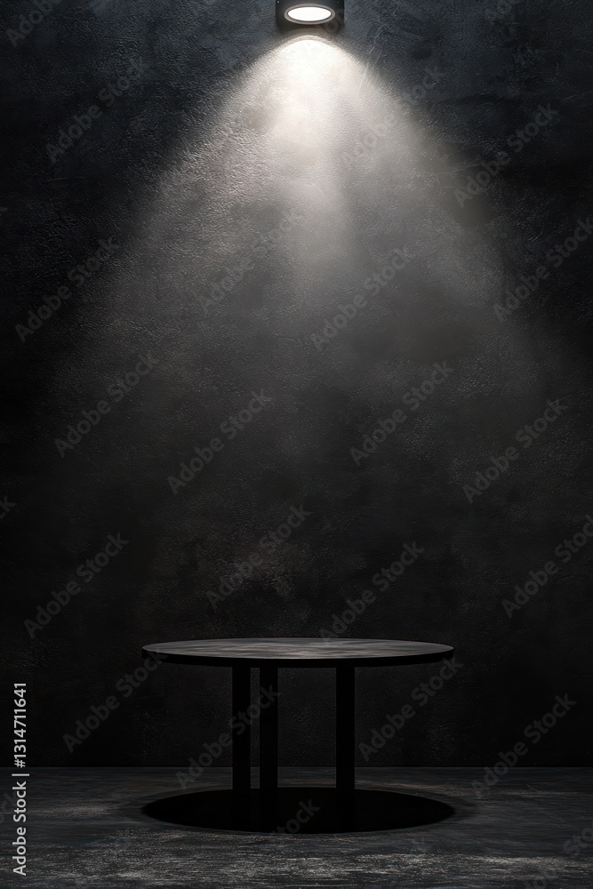 Poster dark studio setting with spotlight illuminating empty table