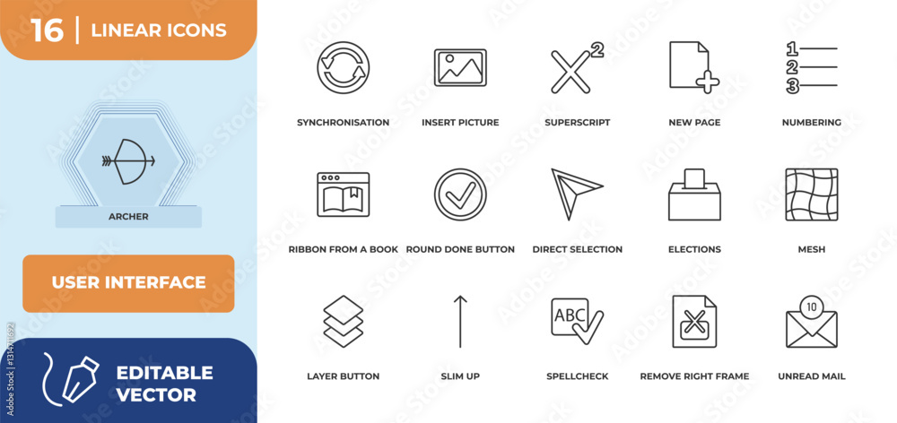 Poster outline icons set - user interface concept. archer, synchronisation and more.