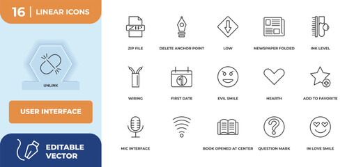 outline icons set - user interface concept. unlink, zip file and more.
