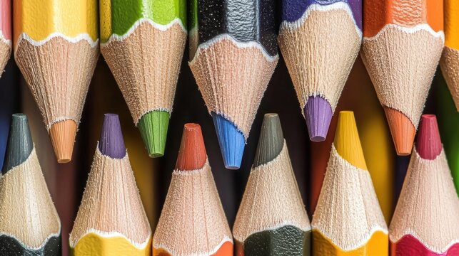 Close-up colorful pencils, tips aligned, school supplies, blurred background