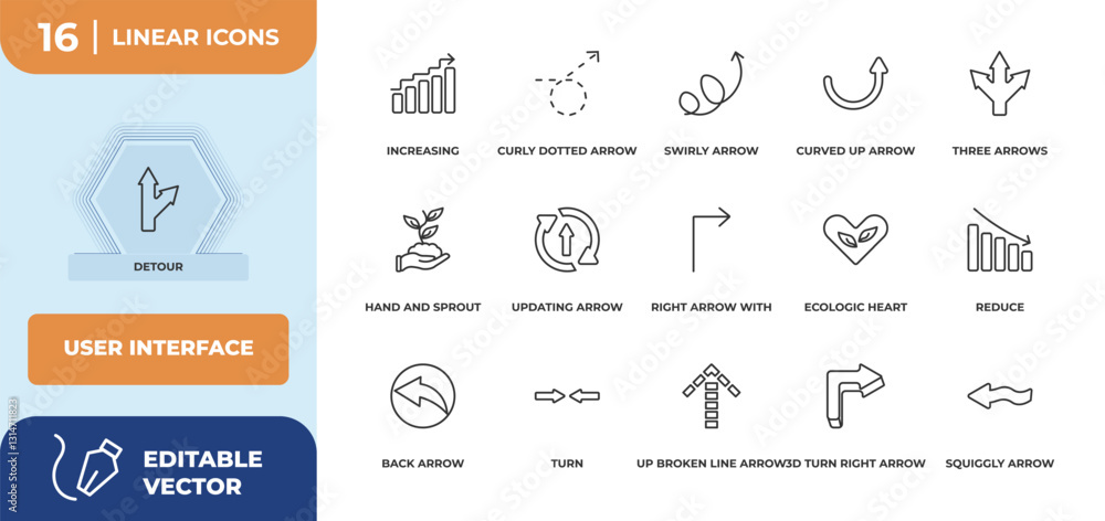 Poster outline icons set - user interface concept. detour, increasing and more.