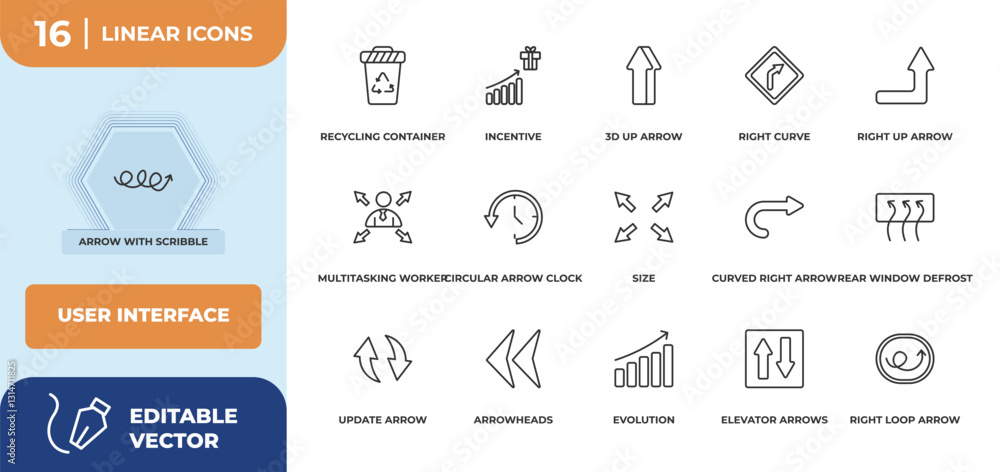 Poster outline icons set - user interface concept. arrow with scribble, recycling container and more.