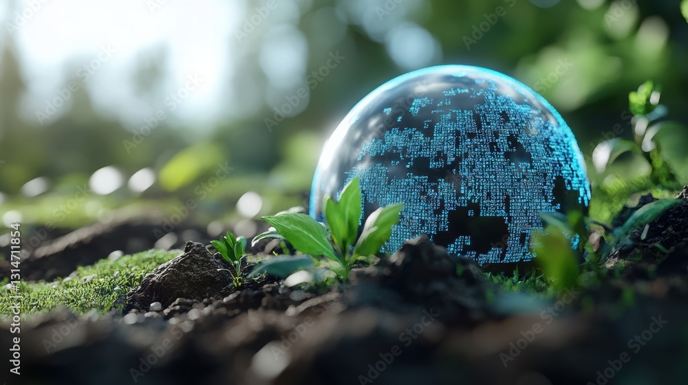 Poster an earth made up of software code that forms its contours, reminiscent of the synergy of nature and 