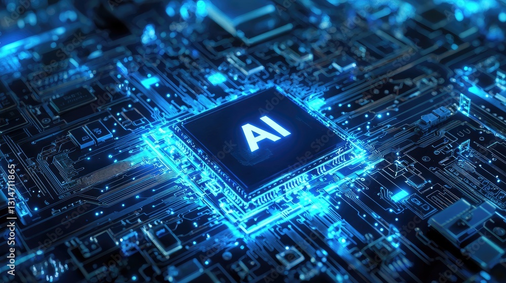 Poster A glowing AI microchip on a futuristic circuit board, symbolizing artificial intelligence, deep learning, and advanced computing. Ideal for tech innovation and digital transformation themes