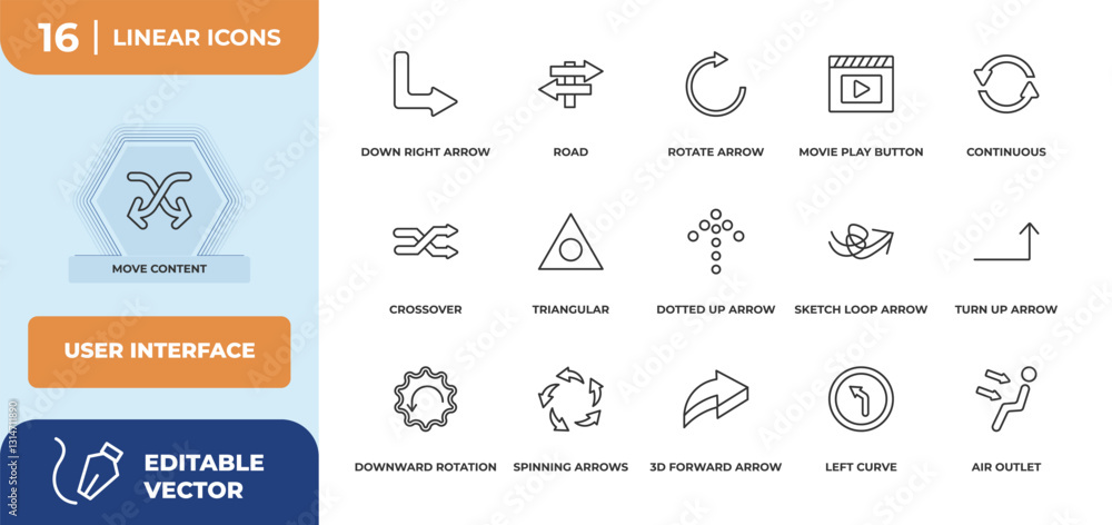 Poster outline icons set - user interface concept. move content, down right arrow and more.