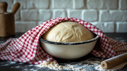 Raw yeast dough resting under a towel in a bowl on a floured kitchen table, recipe inspiration. Concept of home baking or dough preparation.