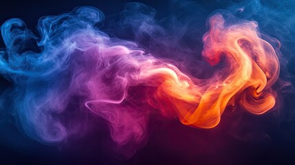 A vibrant abstract composition featuring swirling wisps of smoke in hues of blue and red, set against a deep black background.