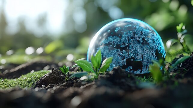 An earth made up of software code that forms its contours, reminiscent of the synergy of nature and technology 