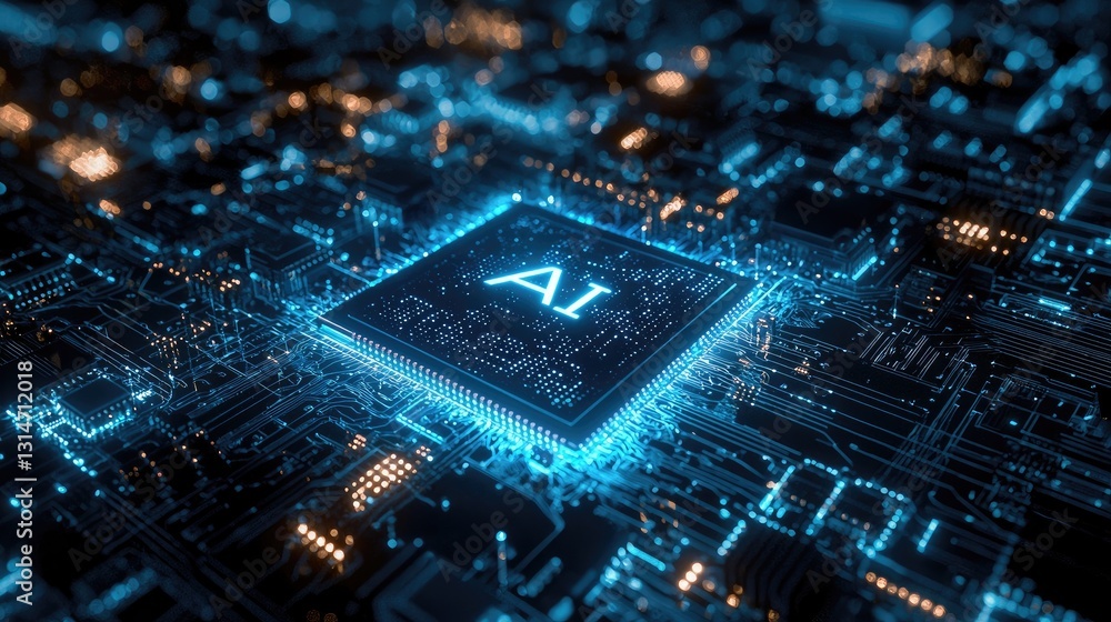 Leinwandbilder A glowing AI microchip on a futuristic circuit board, symbolizing artificial intelligence, machine learning, and advanced computing. Ideal for tech innovation and digital transformation themes