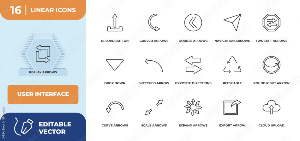 Poster outline icons set - user interface concept. replay arrows, upload button and more.