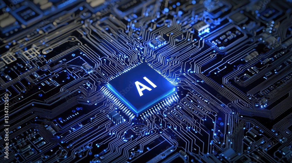 Poster A glowing AI microchip embedded in a futuristic circuit board, symbolizing artificial intelligence and advanced computing. Ideal for tech innovation and digital transformation themes