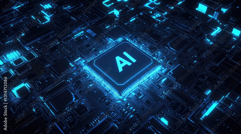 Poster A glowing AI microchip on a futuristic circuit board, symbolizing artificial intelligence, deep learning, and advanced computing. Ideal for tech innovation and digital transformation themes