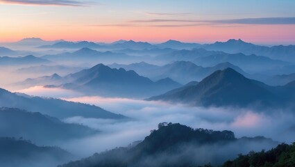 Obraz premium Stunning nature landscape, mountains shrouded in morning mist.