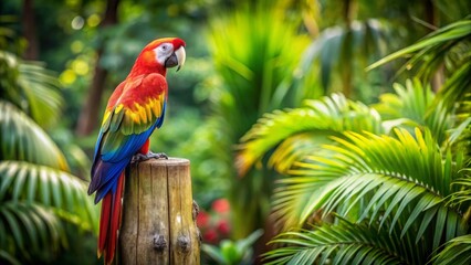 A Vibrant Scarlet Macaw Perched on a Weathered Wooden Post Amidst Lush Tropical Foliage