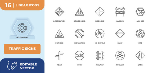 outline icons set - traffic signs concept. no stopping, intersection and more.
