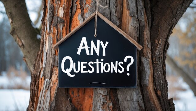 Any inquiries on attractive house chalkboard. Lovely tree backdrop. Business and Q and A theme, blank space.
