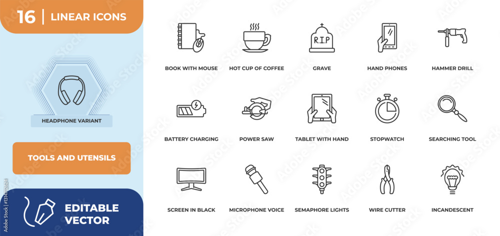 Poster outline icons set - tools and utensils concept. headphone variant, book with mouse and more.