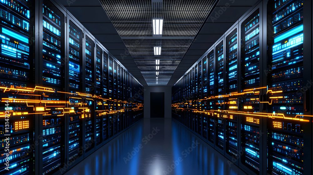 Poster dark server room with blue and orange lights and data flow in modern data center with futuristic tec