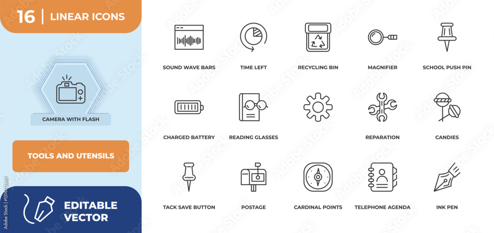 Poster outline icons set - tools and utensils concept. camera with flash, sound wave bars and more.
