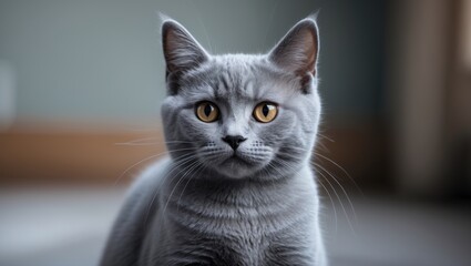 an indoor blue shorthair kitten with a facial expression (appears annoyed)