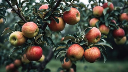 Obraz premium Ripening apples on the branches of an apple tree. Harvest of fresh fruit.