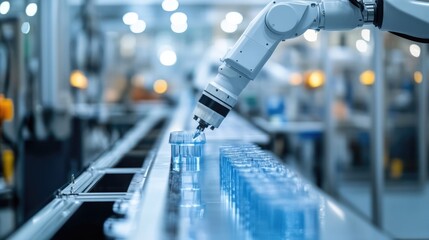 Robotic Arm Precisely Places Transparent Cups on Conveyor Belt in Modern Factory