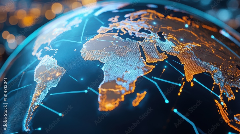 Poster earth reflecting a map displayed on the screen, with minimalistic lines of the continents' contours 