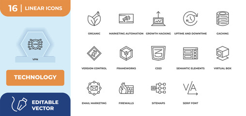 Naklejka premium outline icons set - technology concept. vpn, organic and more.
