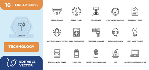 Naklejka premium outline icons set - technology concept. antenna, security cam and more.