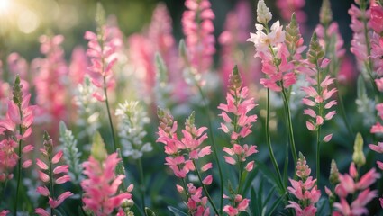 Obraz premium Gaura pink flowers in bloom, garden design, spring flowers within a Mediterranean garden, sunlight, dreamy inflorescence in a romantic garden, closeup.