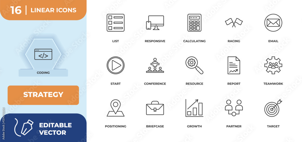 Poster outline icons set - strategy concept. coding, list and more.