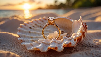 A golden engagement ring resting on a large seashell on a sandy beach during sunset, with soft waves in the background